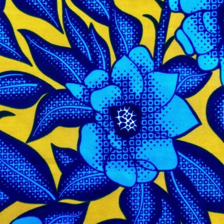 Tissu Wax bleu moutarde imprimé Fleurs détail