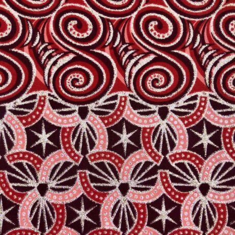 Tissu Wax pailleté bordeaux imprimé Double Spirale détail bordure