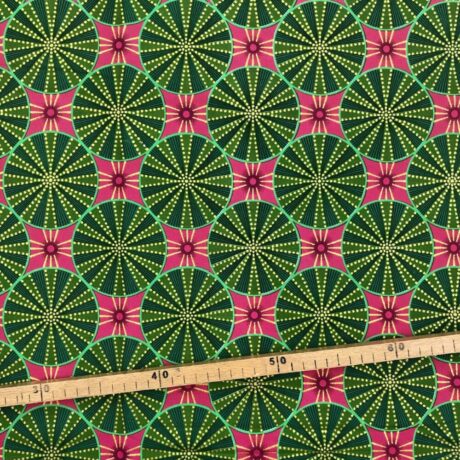 Tissu Wax pailleté vert rose imprimé Circus